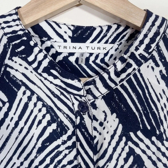 Trina Turk Size 2 Geometric Long Sleeve Woodblock  White Navy Casual Jumpsuit - Picture 10 of 15